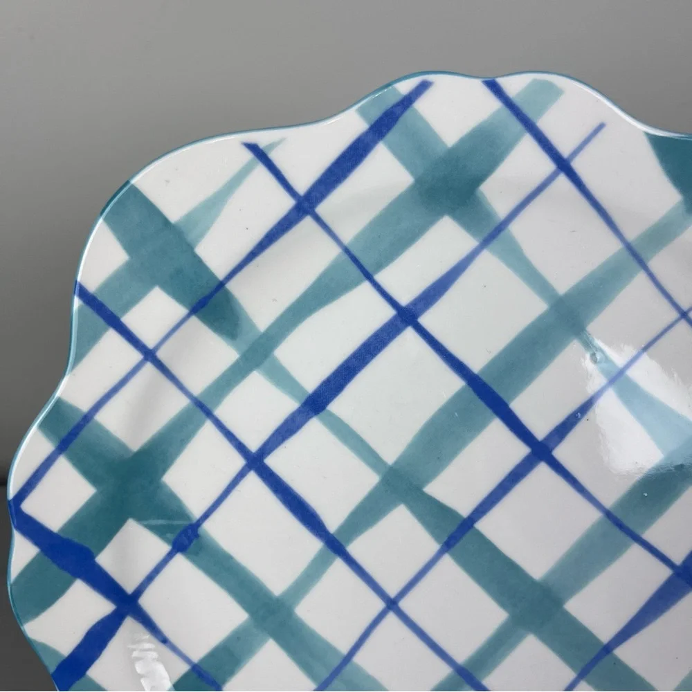 3 Bonjour ANTHROPOLOGIE HILDE Plaid White Blue Scallop Dinner Plate Cottagecore